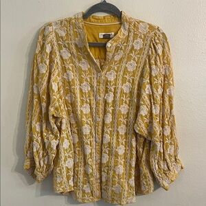 Pilcro & the Letterpress Anthropologie  Mustard Ivory Embroidered Blouse Large